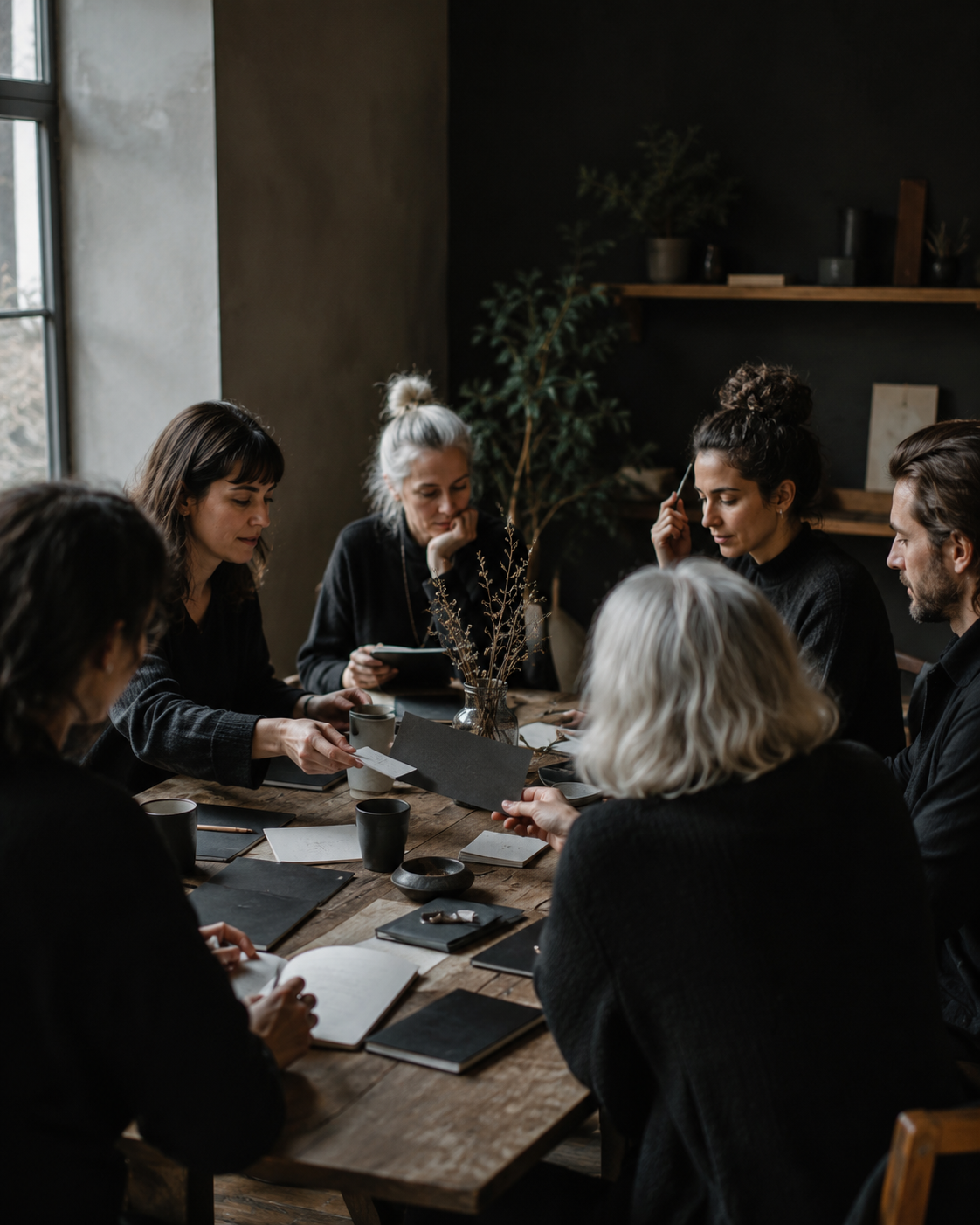 A small group gathered around a table with notebooks, papers, mugs, and writing materials during a quiet workshop