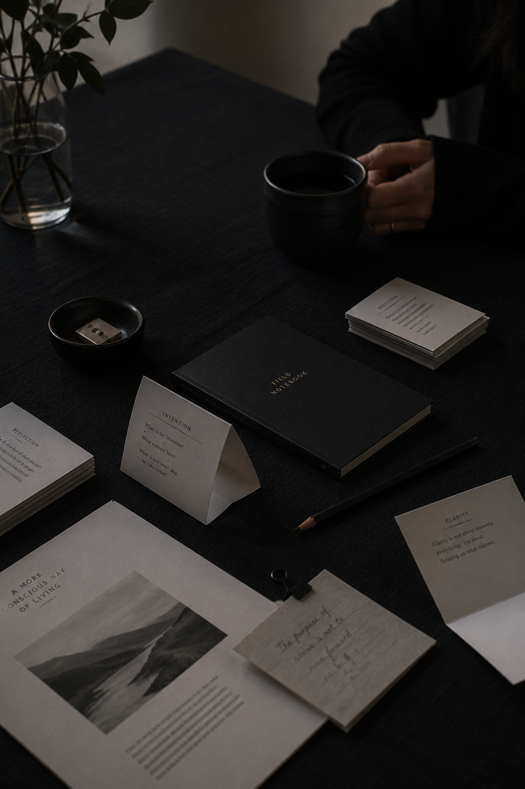 Field notebook, reflection cards, folded paper, and pencil on dark linen