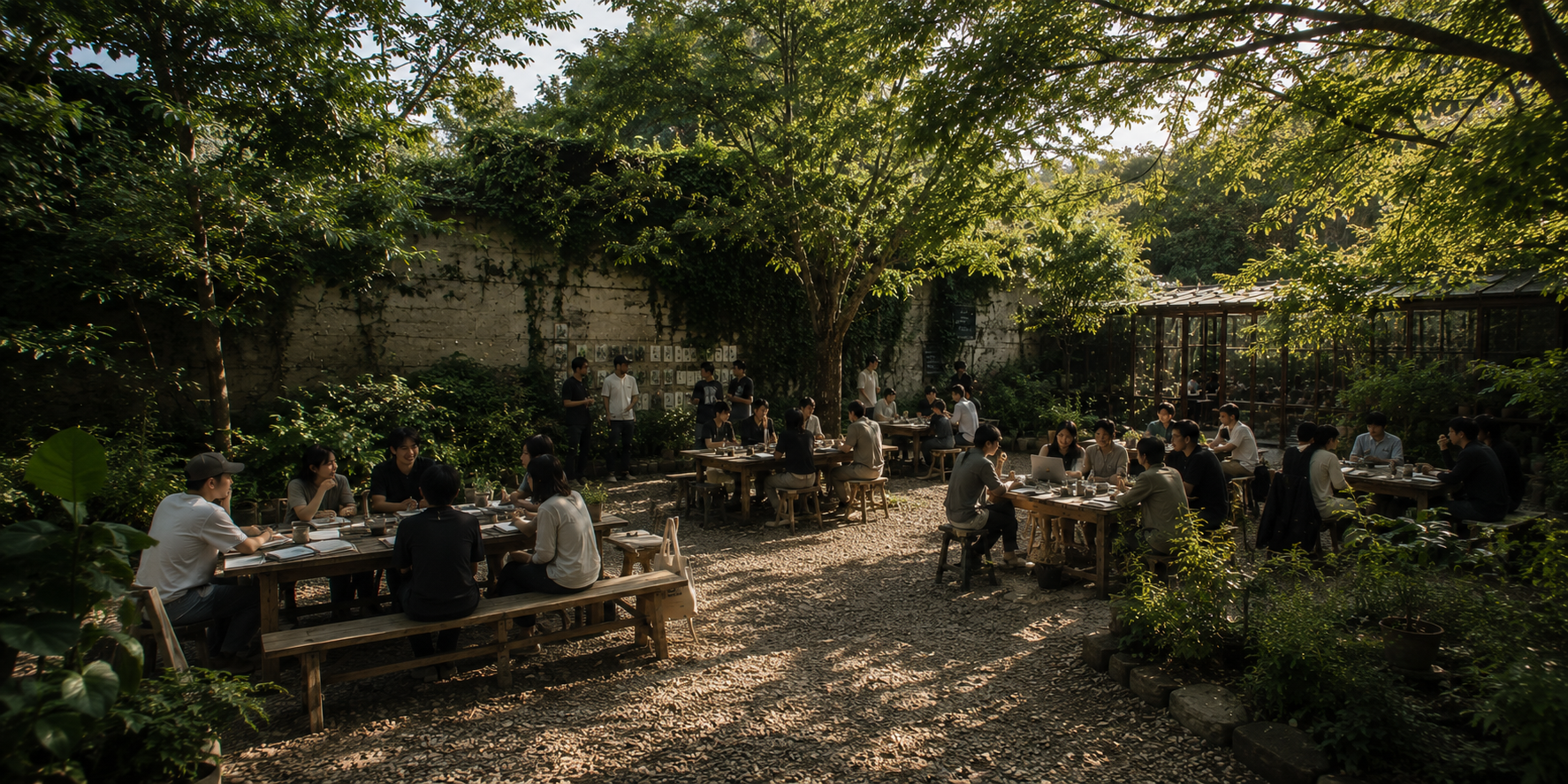 Long wooden table in a quiet garden studio with notebooks and ceramic cups