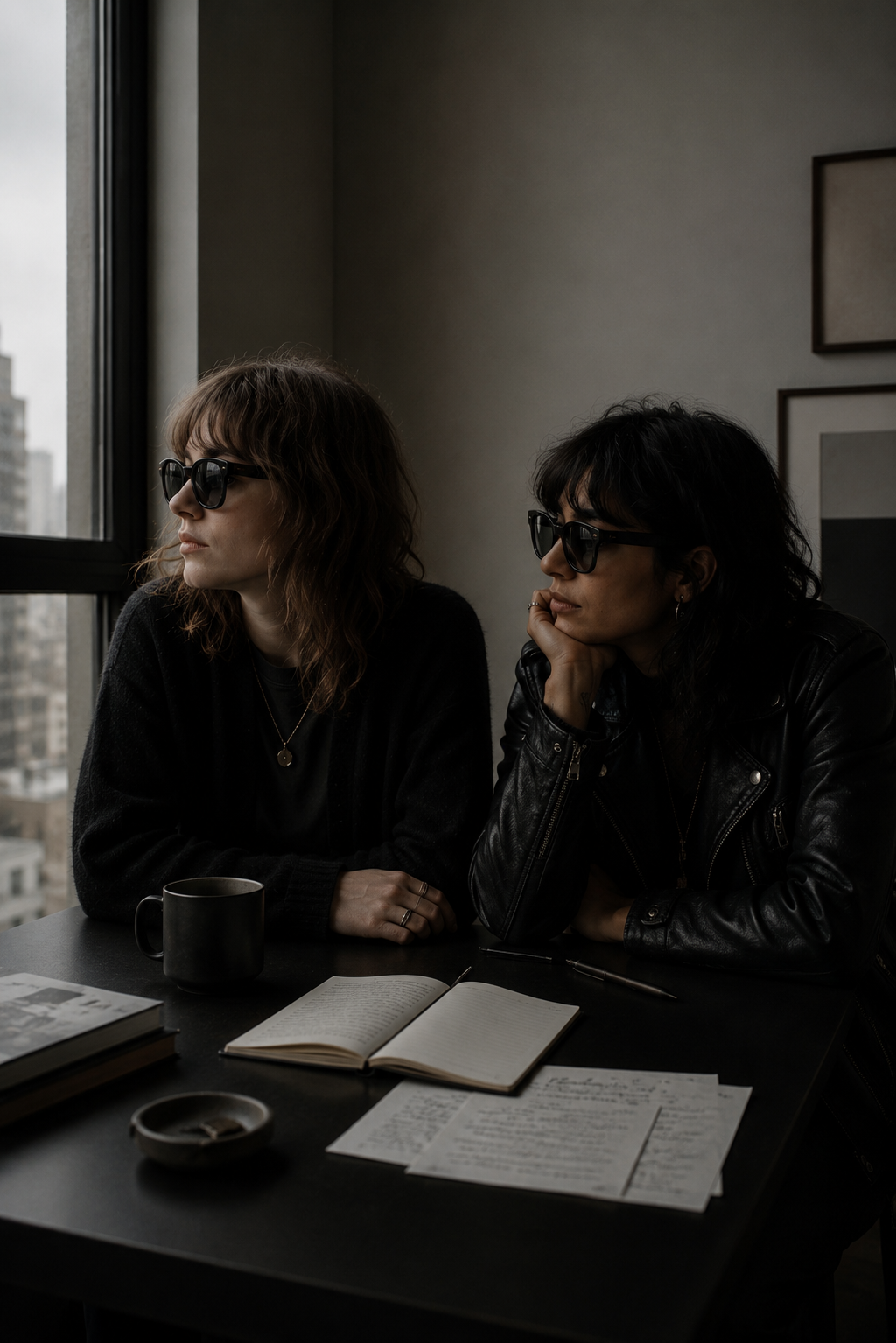 Two people sitting near a window with notebooks and papers on a table