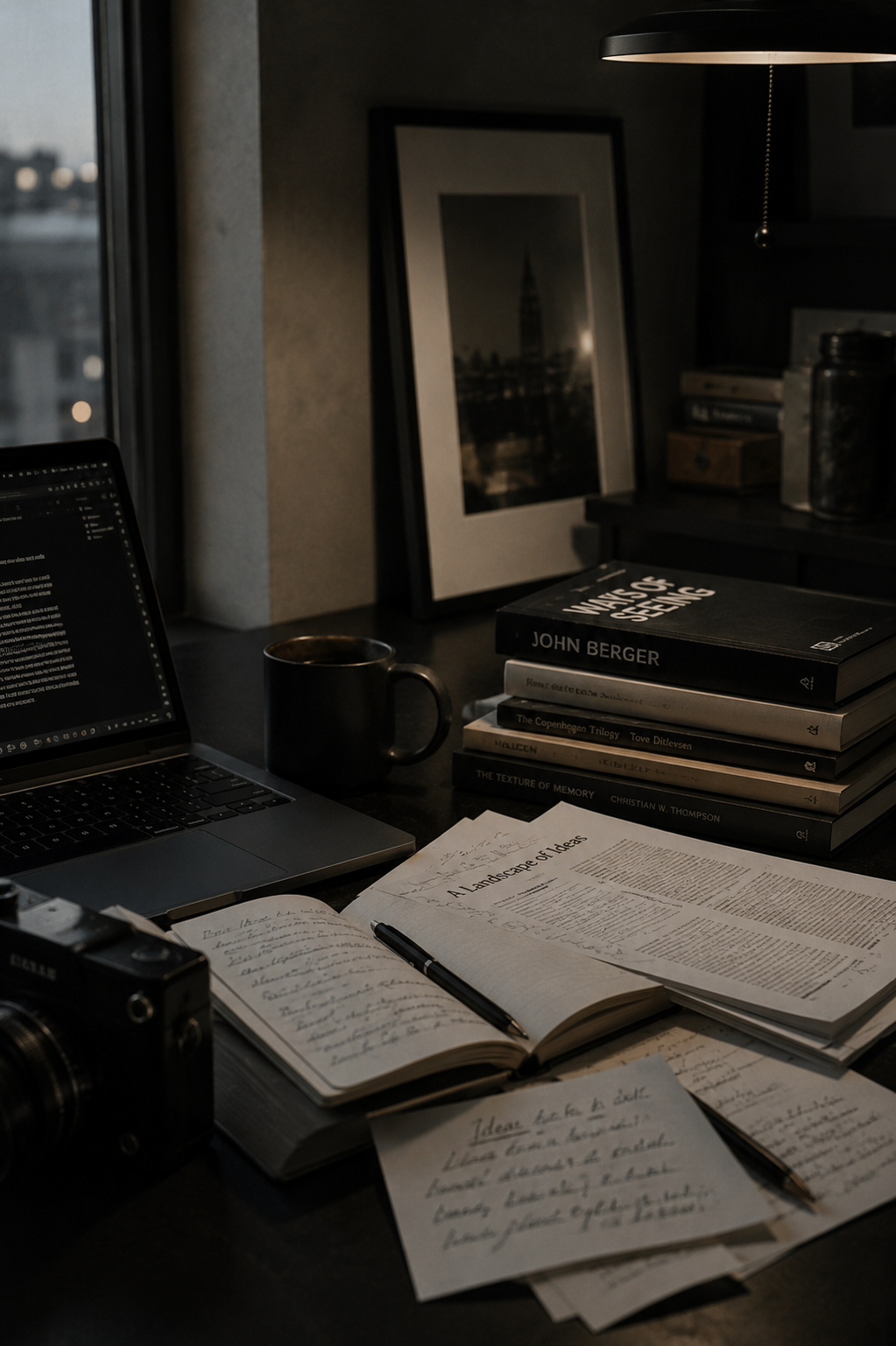 Handwritten notes and reflection pages in soft evening light