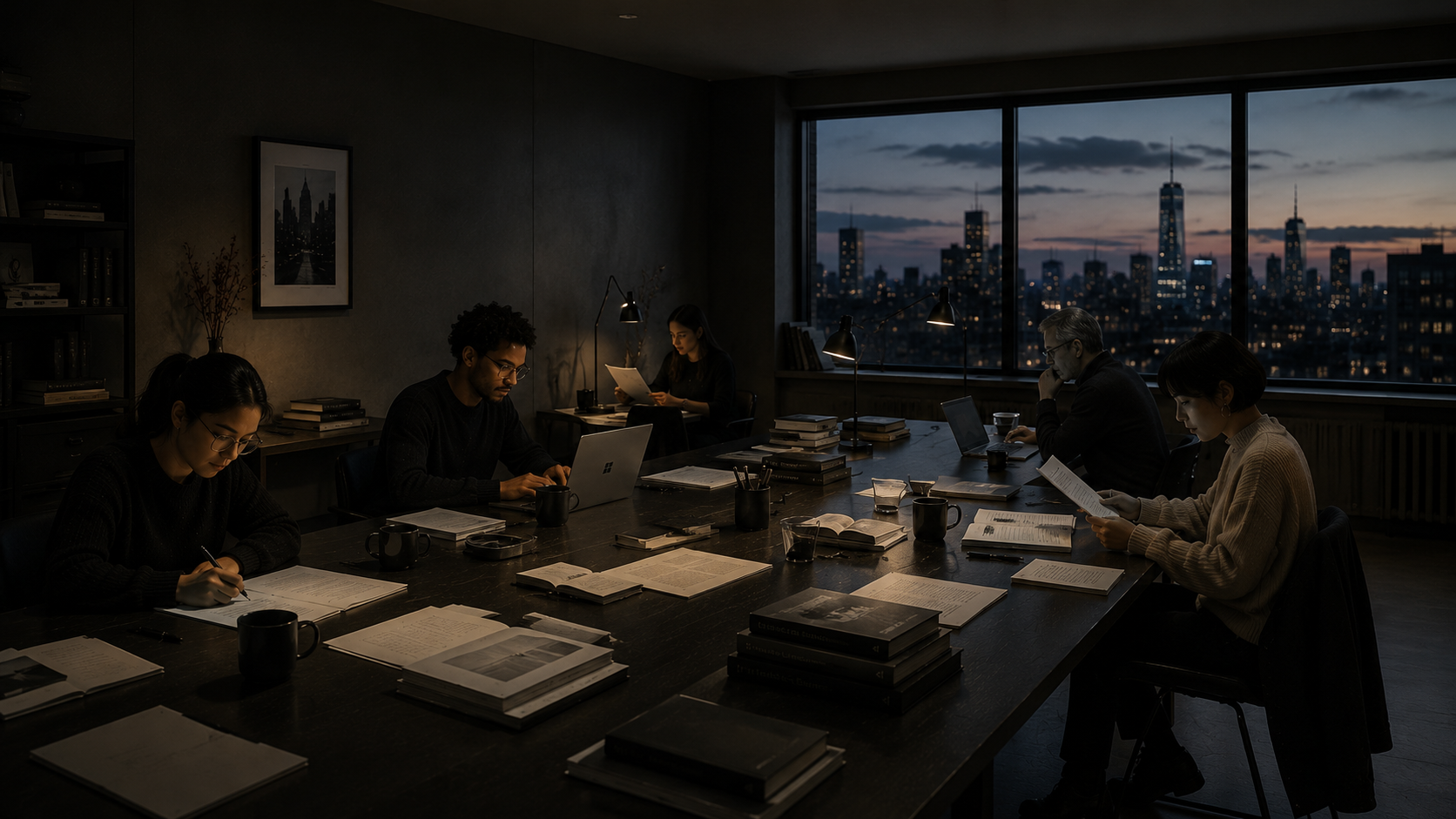 Handwritten notes and annotated pages in low evening light