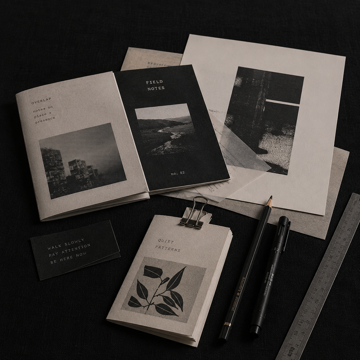 Handmade zines, printed sheets, and analog creative tools on a dark table
